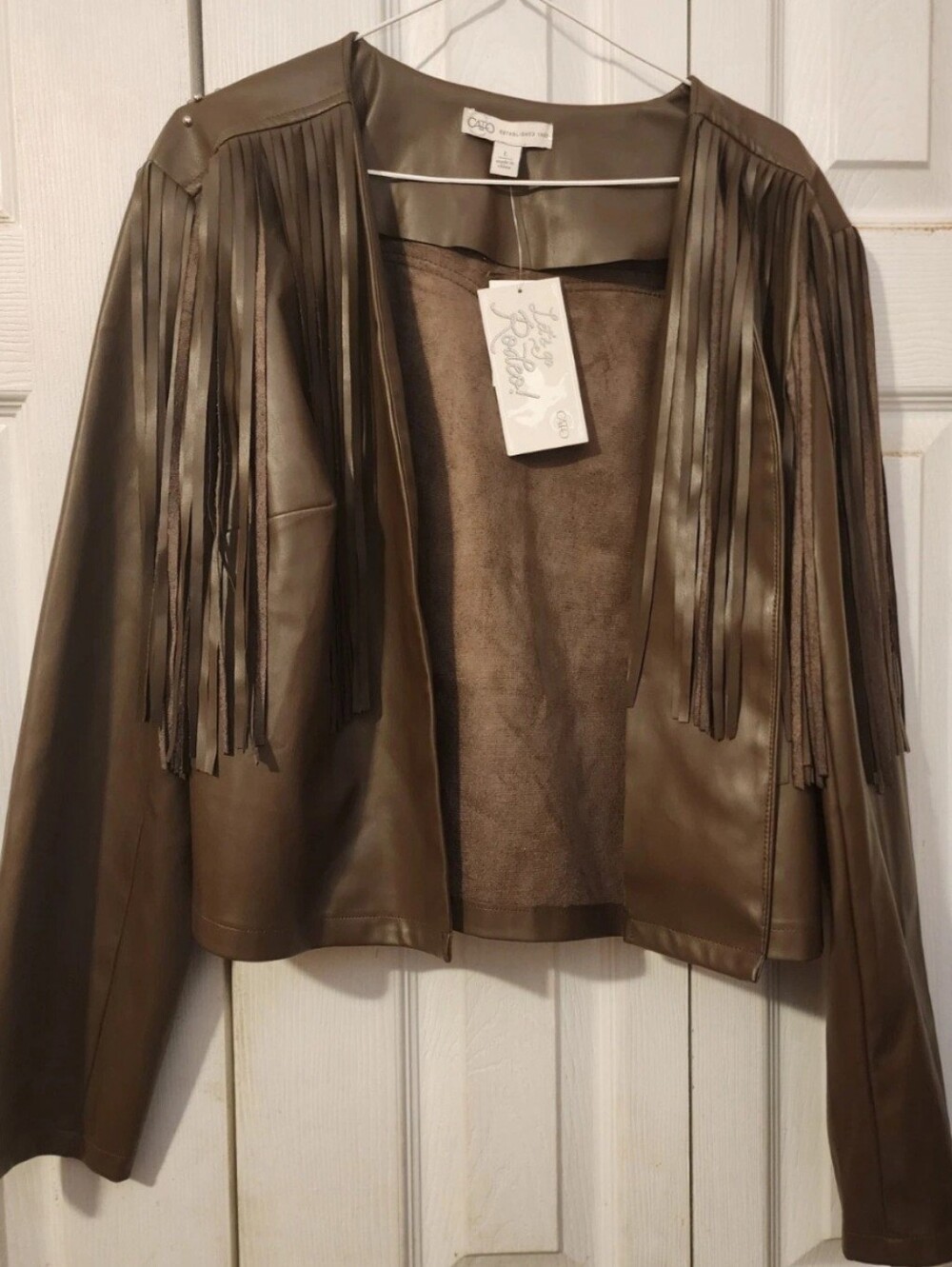 Cato Olive Fringe Faux Leather Open Jacket